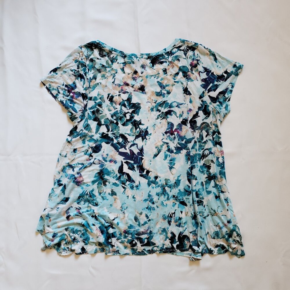 Cynthia Rowley Woman size 1X teal floral short sleeve top stretch spring Plus